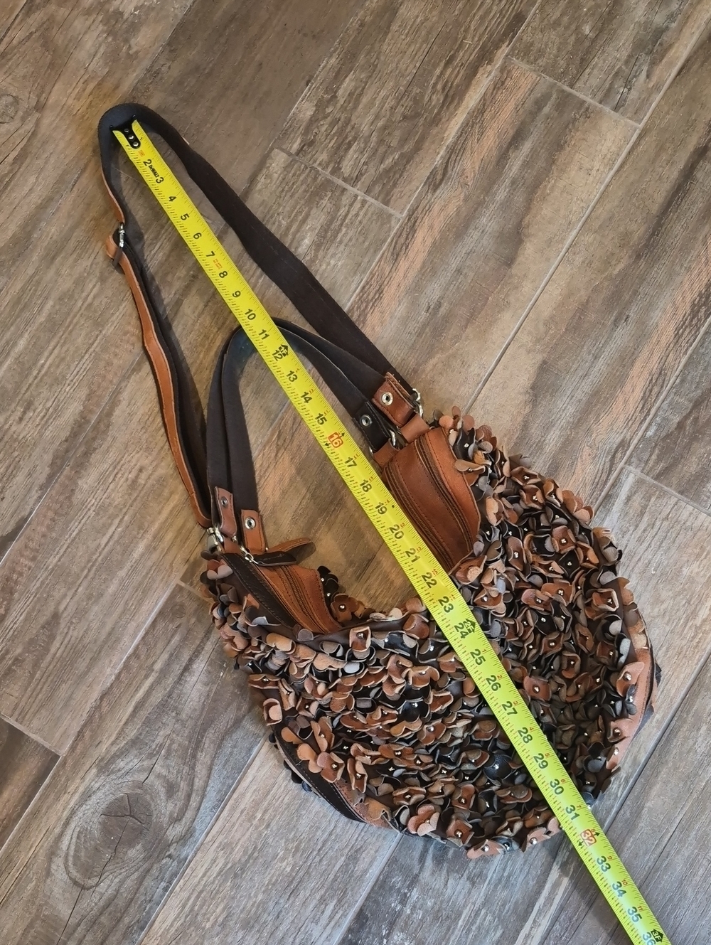 Boho 3D Leather Studded Flower Petal Hobo Crossbody Bag, Double Zipper Closure - Picture 10 of 15